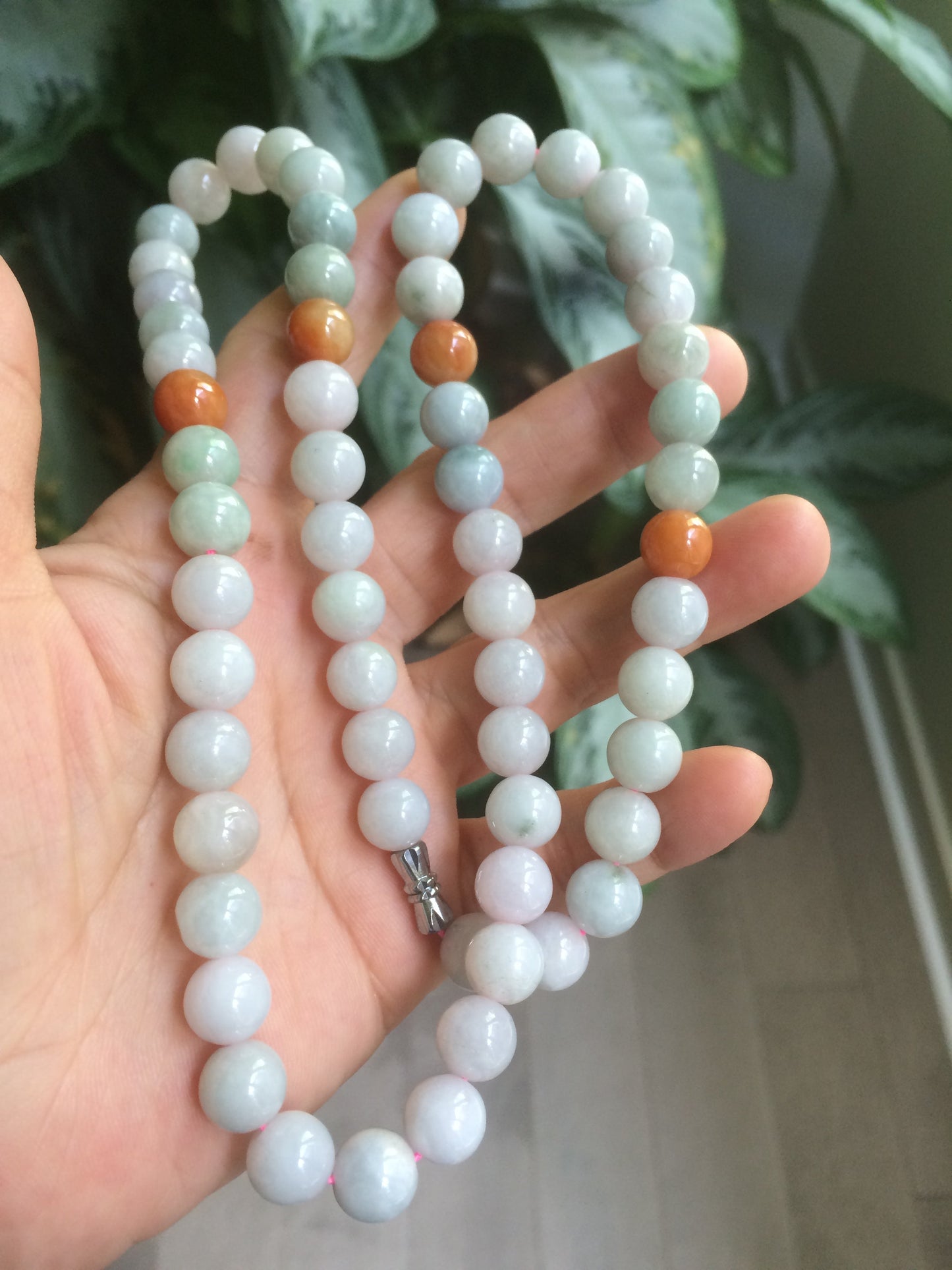 9.2-9.5mm 100% Natural type A light green/purple/red/white jadeite jade beads necklace S3