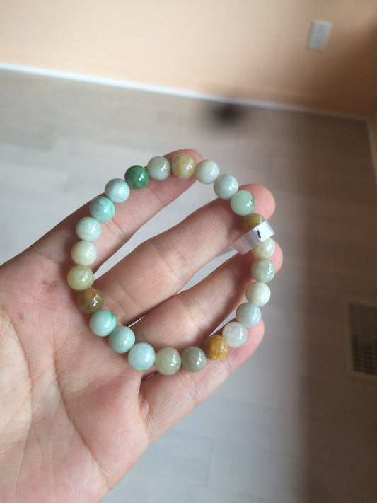 7-7.6mm 100% natural type A green/white/yellow/brown jadeite jade beads bracelet AQ73