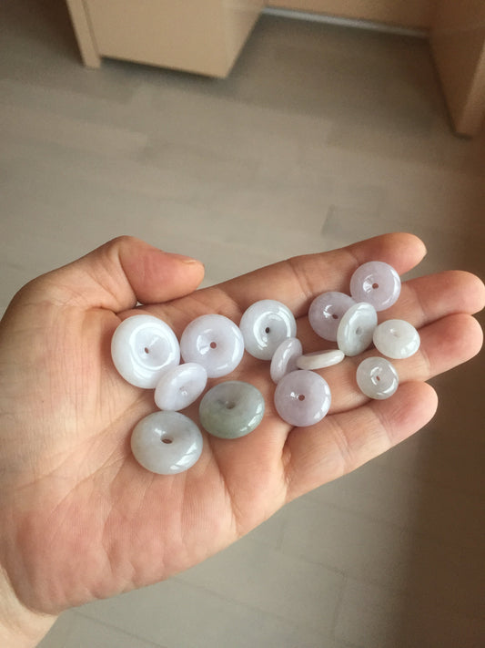 11.9-19.7mm Type A 100% Natural light purple white gary Jadeite Jade Safety Guardian Button donuts Pendant group AA69