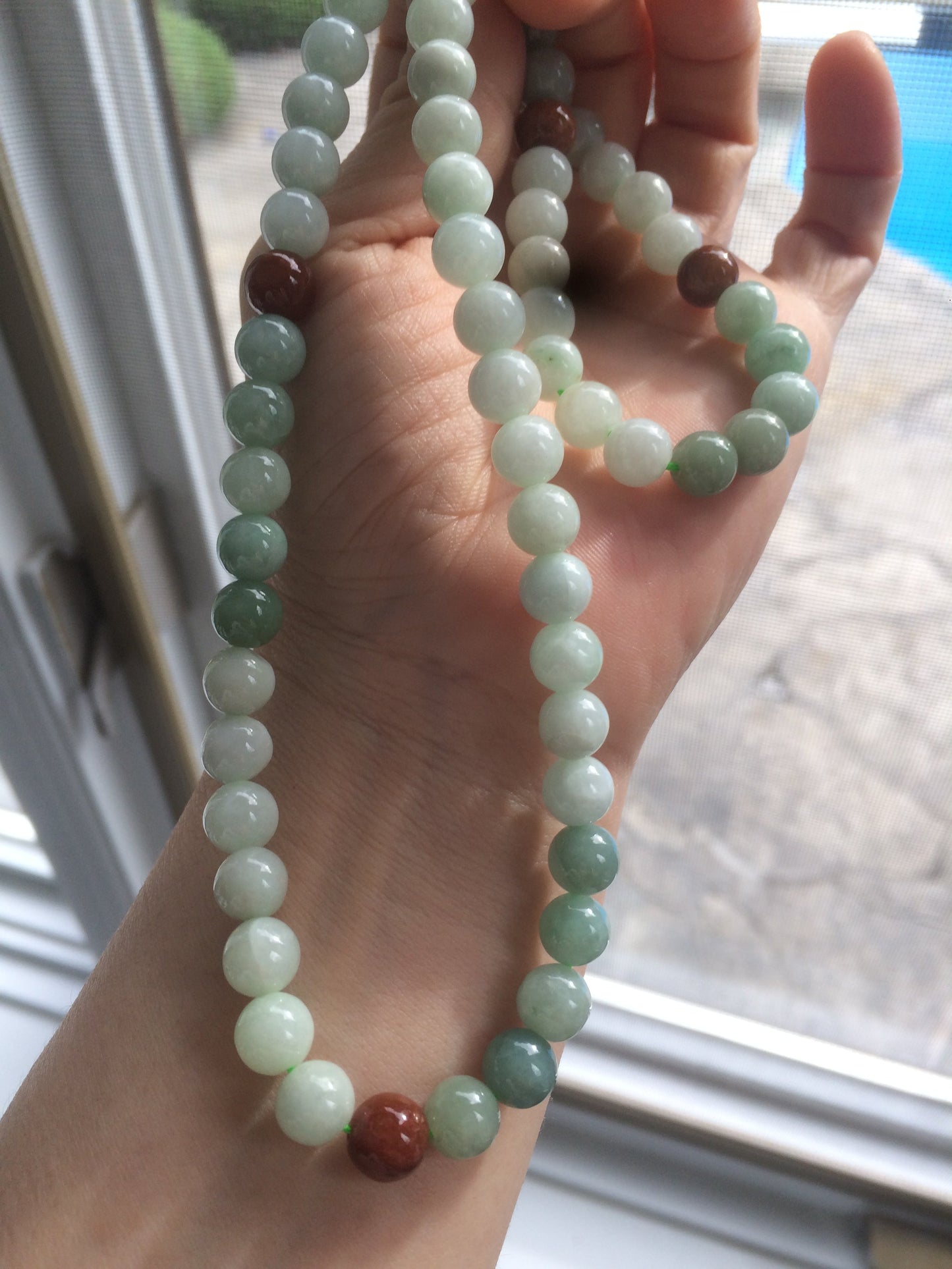 7.8-8mm 100% Natural type A light green/red/white jadeite jade beads necklace SN-2