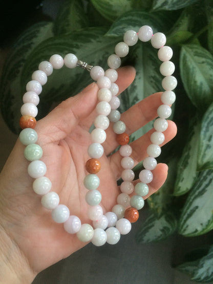 9.2-9.5mm 100% Natural type A light green/purple/red/white jadeite jade beads necklace S3