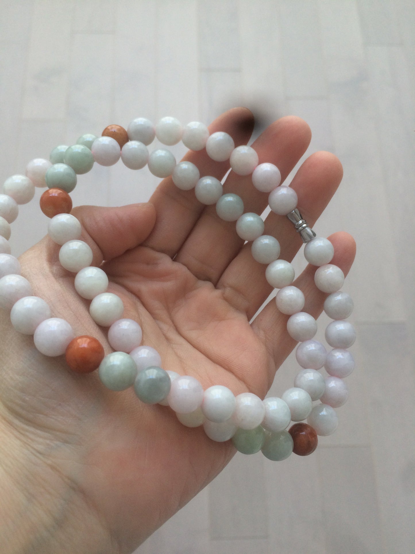 9.2-9.5mm 100% Natural type A light green/purple/red/white jadeite jade beads necklace S3