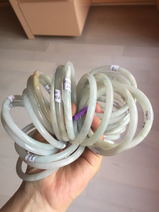 Shopify only 52-57mm Type A 100% Natural light green/white slim round cut Jadeite Jade bangle (with big defects) GL45
