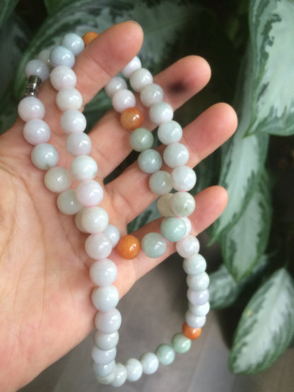 9.2-9.5mm 100% Natural type A light green/purple/red/white jadeite jade beads necklace S3