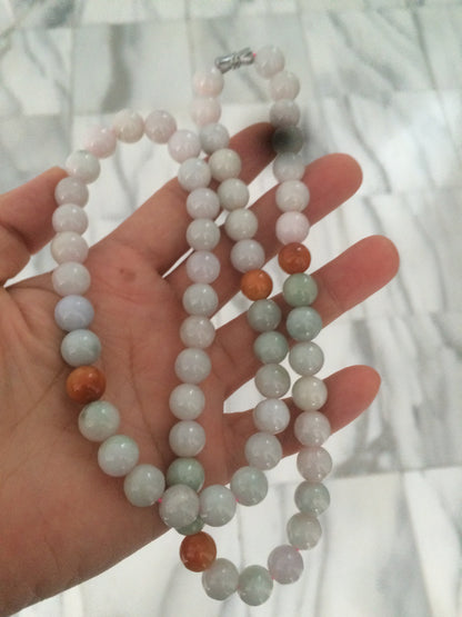 9.2-9.5mm 100% Natural type A light green/purple/red/white jadeite jade beads necklace S3