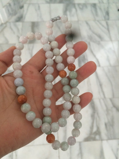 9.2-9.5mm 100% Natural type A light green/purple/red/white jadeite jade beads necklace S3