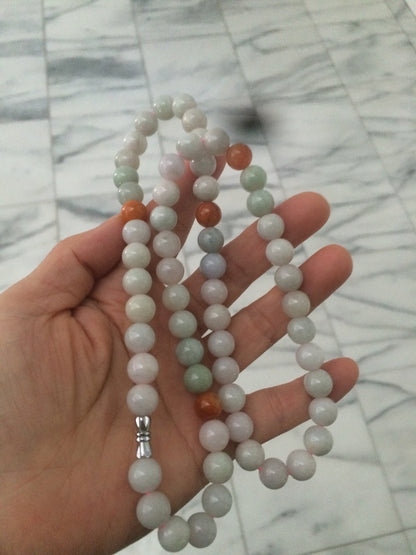 9.2-9.5mm 100% Natural type A light green/purple/red/white jadeite jade beads necklace S3